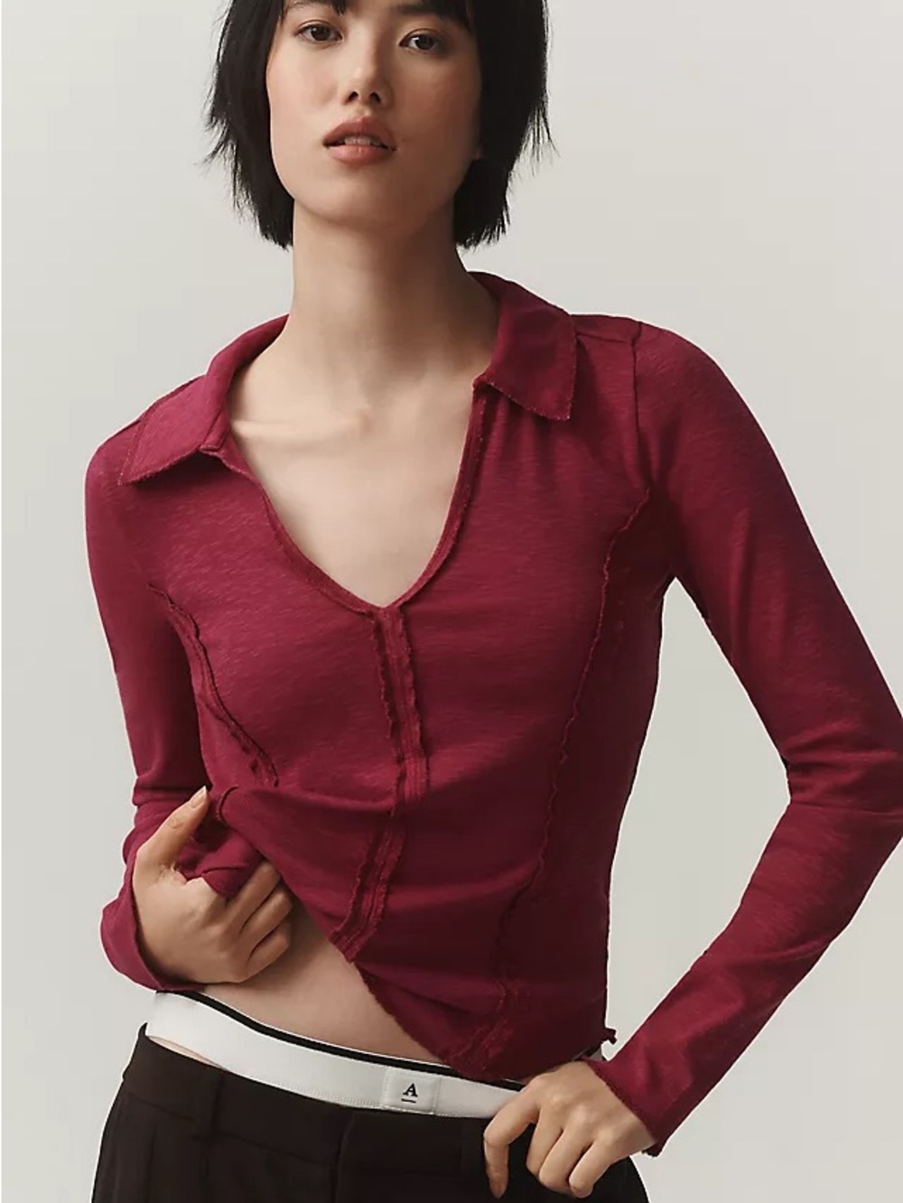 Anthropologie Pilcro Stitched Long-Sleeve Top Deep V-Neck Maroon Size Small